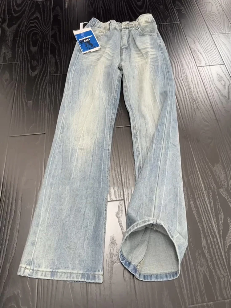 

Ледяной синий узор с молнией, широкие джинсы-ножи, мужские американские высокие удлиненные облегающие эластичные брюки, молодежная летняя одежда