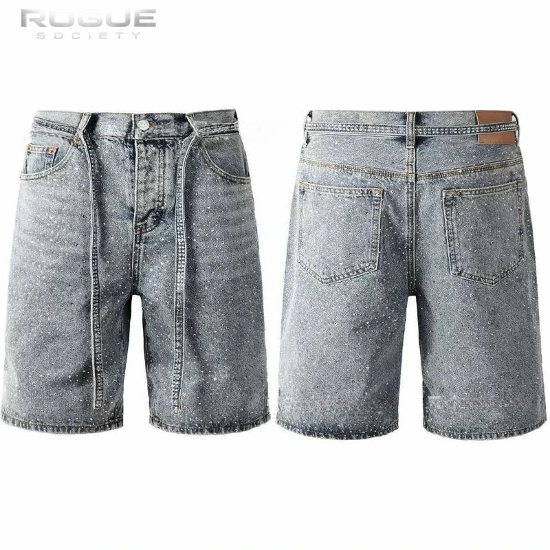 

American Retro Streetwear Men Denim Shorts Y2K Gothic Rhinestone Cross Print High Street Grunge Hip Hop Jeans Unisex Harajuku