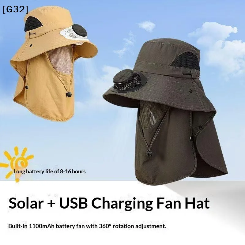 Solar Powered Dual Fan Sun Hat With Wide Brim For Outdoor Fishing Hiking Mountaineering Sun Protection Adjustable Headband[G32]