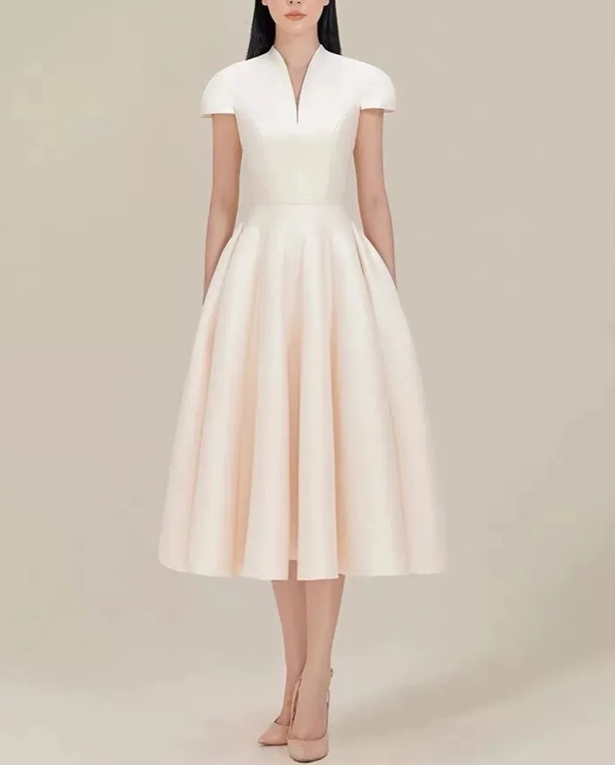 

Customized Graceful Satin A-Line Evening Dress Temperament Short Sleeves V-Neck Tea Length فستان سهرة نسائي