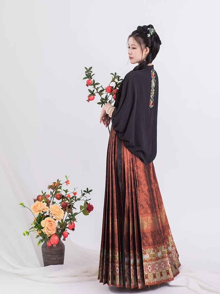 UMI MAO 중국 Hanfu Femme Ming 제작 직조 골드 호스 페이스 스커트, 개선 된 반팔 카디건, Hanfu 여성 일상 생활