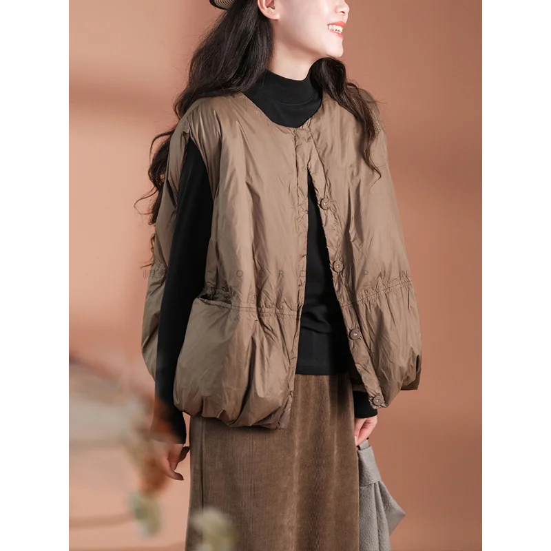 سترة نسائية دافئة بدون أكمام، كاجوال، فضفاض، رقبة دائرية، بطة بيضاء أسفل، قميص داخلي بسيط، طبقات، شتاء JJ1123 #6