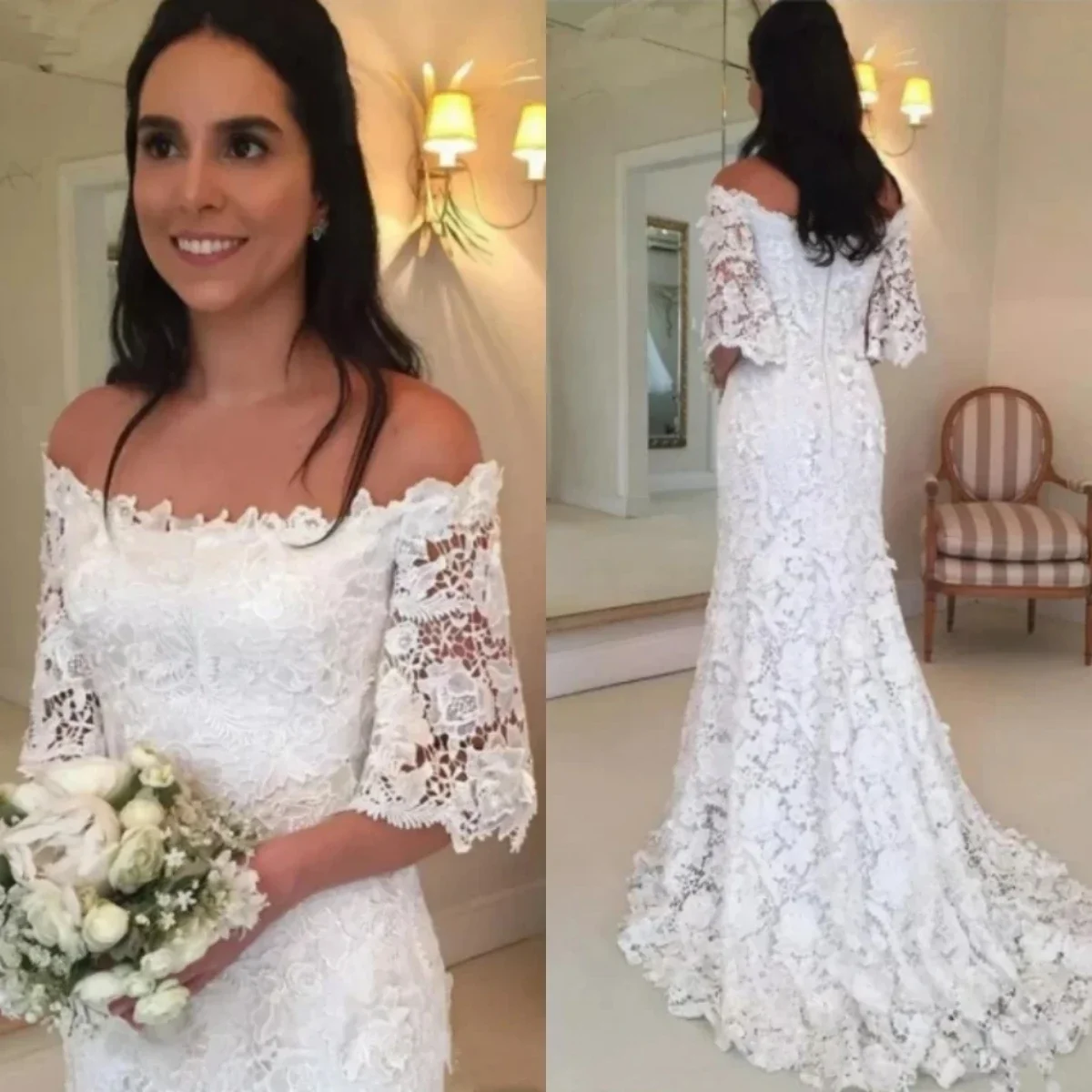 Boho Crochet Lace Wedding Dress Off Shoulder Half Sleeves Elegant Country White Bridal Gown Sweep Train Customized