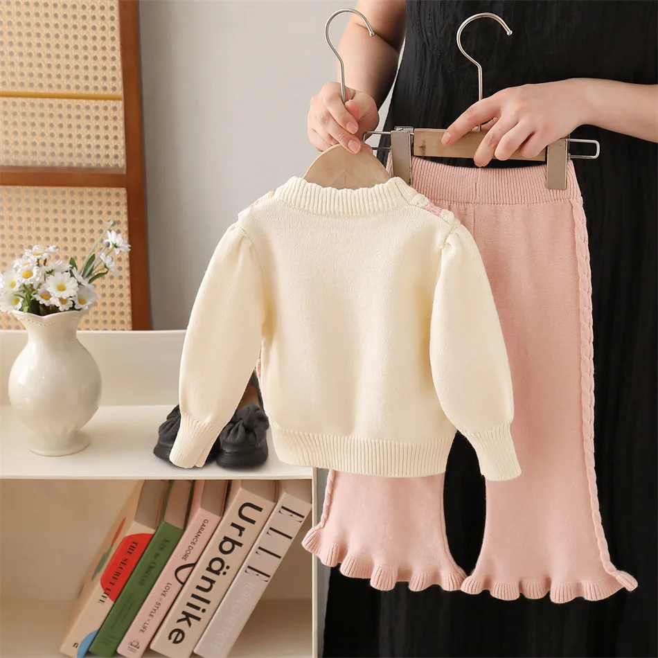 Girls' Sweater Set  2026 Autumn Winter New Knitted Set, Hand-embroidered pom-pom Top And Trousers two-piece Set,, For 2-6 Years