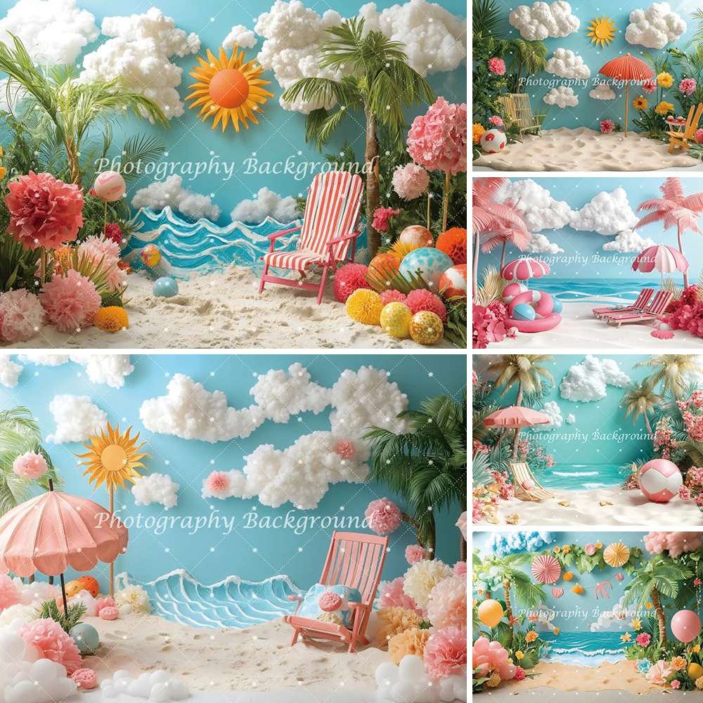 

Hawaii Beach Seaside Background Summer Beach Flowers Vacation Island Palm Tree Tropical Baby Shower Party Backdrop Photobooth