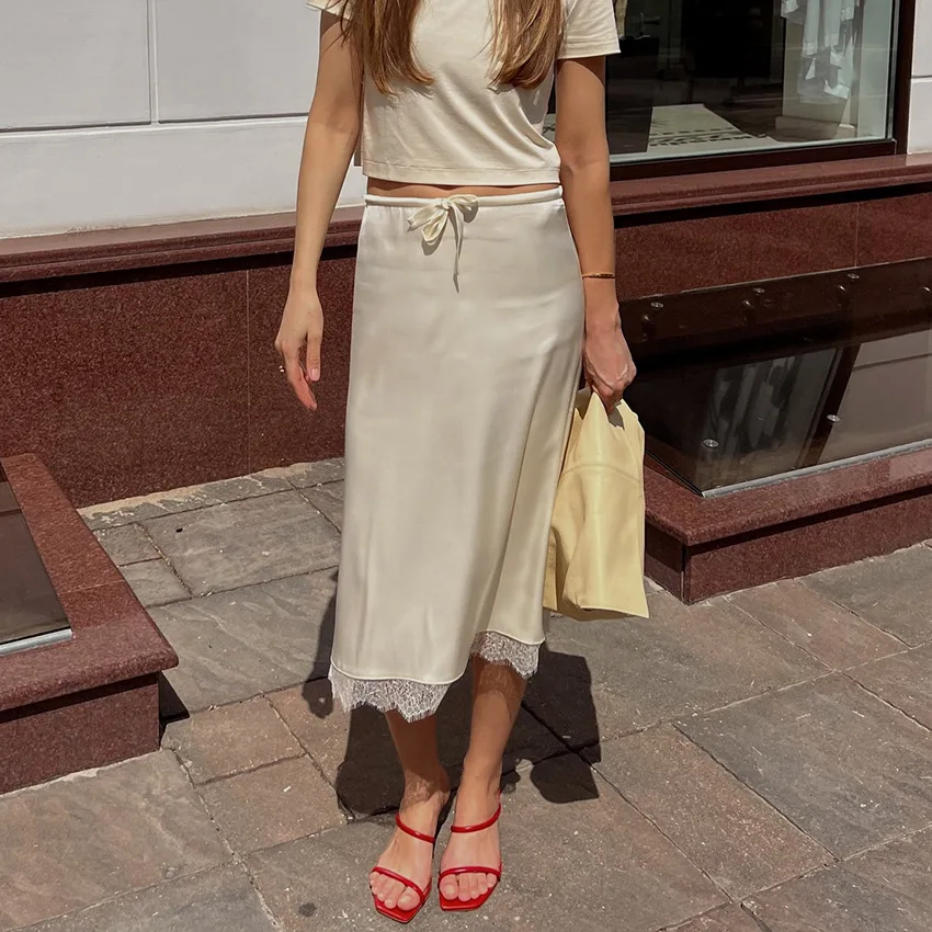 Y2K Lace Up Skirt Women Summer Lace Design Stylish Elegant Versatile European American Commuting