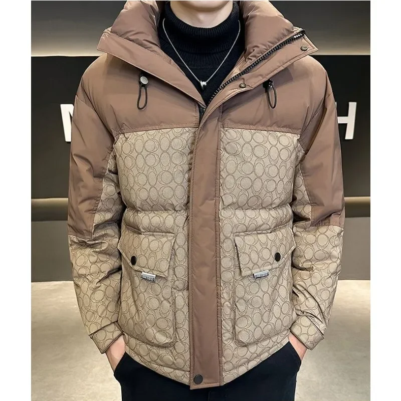 Moda masculina com capuz jaqueta masculina estilo coreano bonito retalhos cor outwear inverno quente engrossado tamanho grande casual casaco