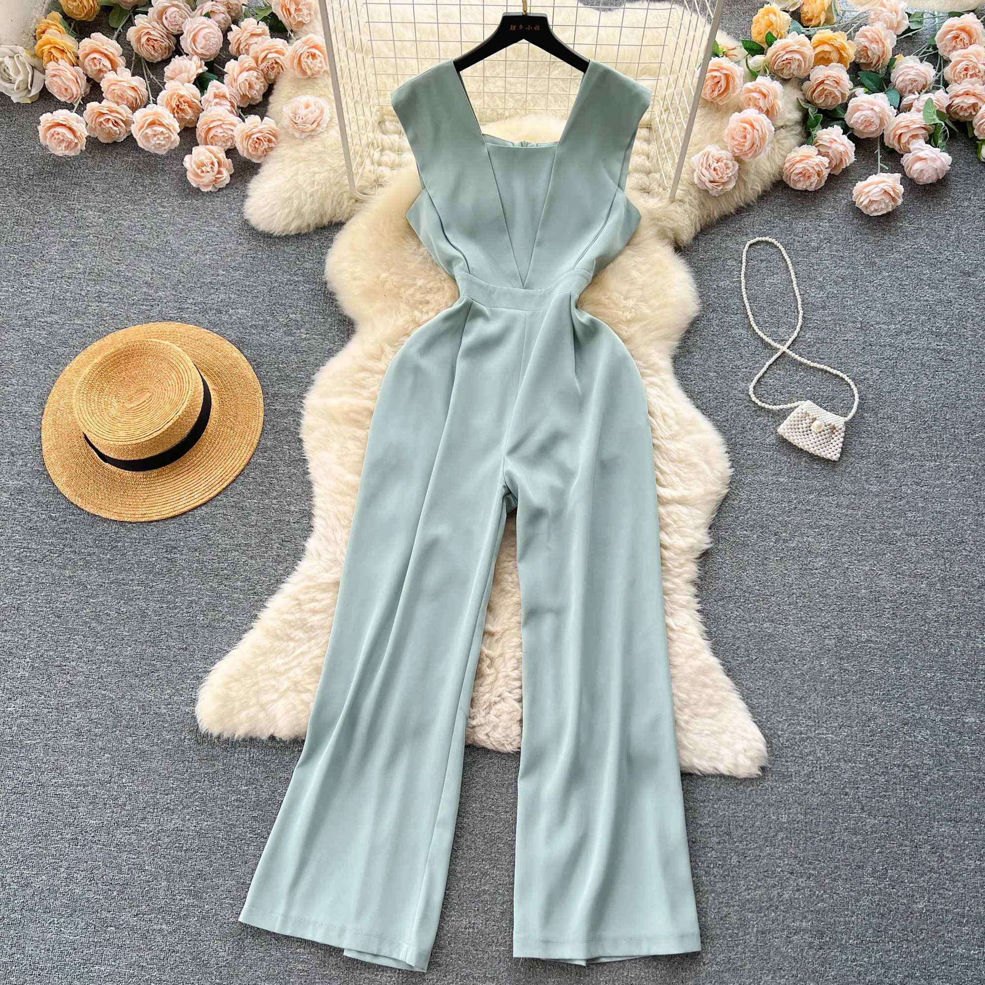 

Korean Style Fashion Green Square Collar Jumpsuits 2023 Summer New High Waist Solid Straight Wide Leg Pants Elegant Women Romper