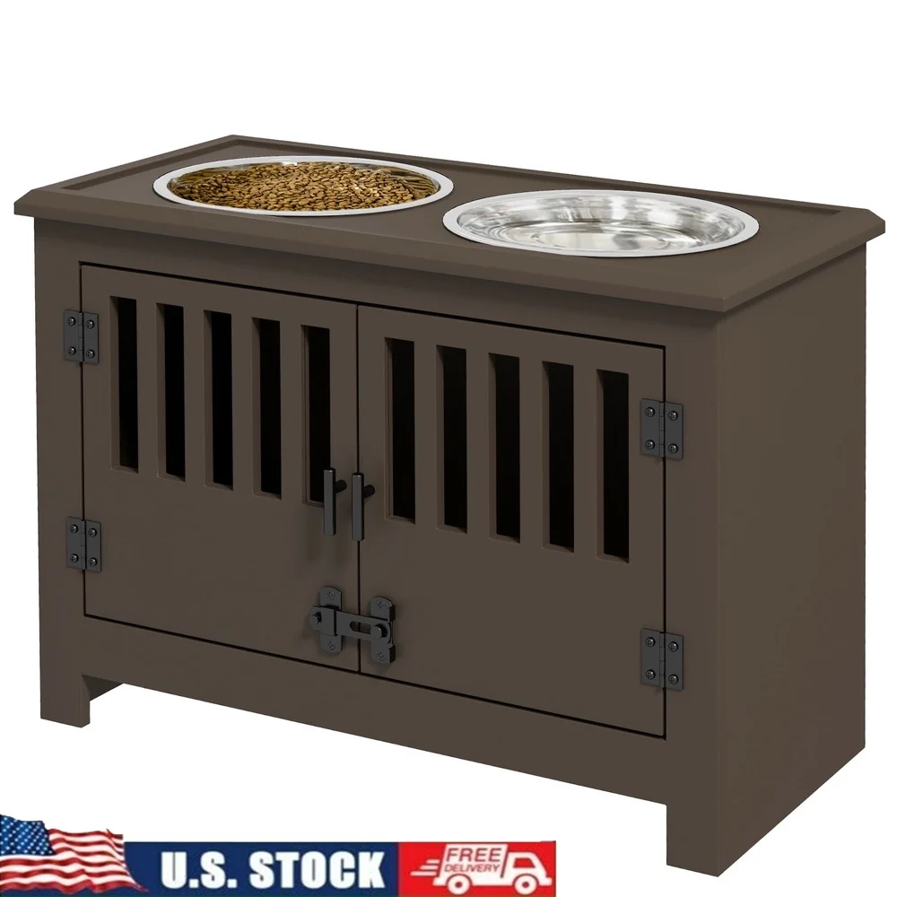 

Dog Food Storage Cabinet with Elevated Feeding Station and Removable Stainless Steel Bowls Large Dogs Espresso