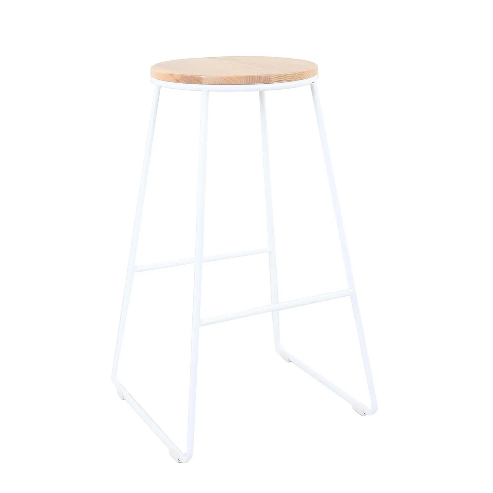 Stackable Backless Stool Set of 4 White Steel Base Natural Wood Seat Indoor Bar Kitchen Game Room Comfortable Footrest