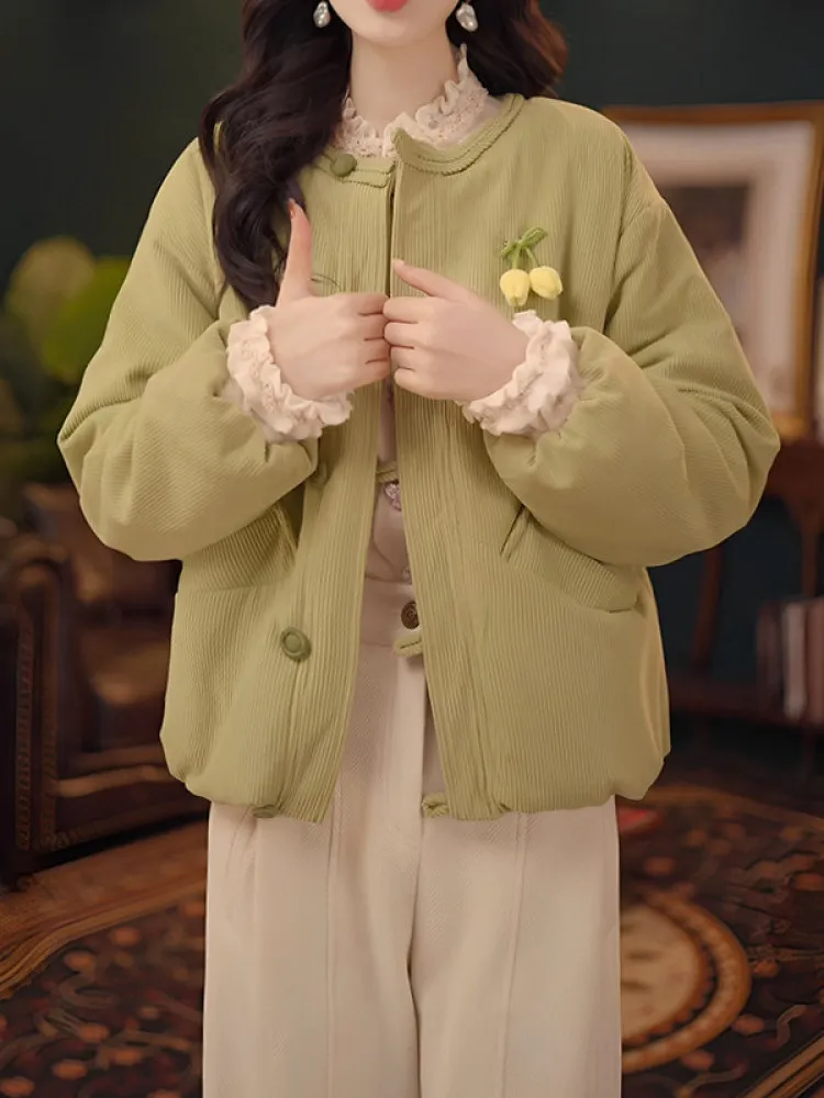 

Женская хлопковая куртка 2026: Новая зимняя утепленная теплая повседневная модная верхняя одежда с круглым вырезом и коротким рукавом в стиле ретро.