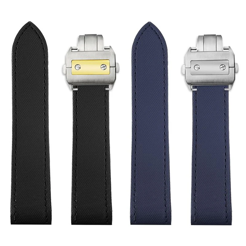 High Quality Watch Strap For Cartier Series Santos 100 Nylon Canvas Black Blue Santos100 Folding Buckle Watchband 20mm 23mm