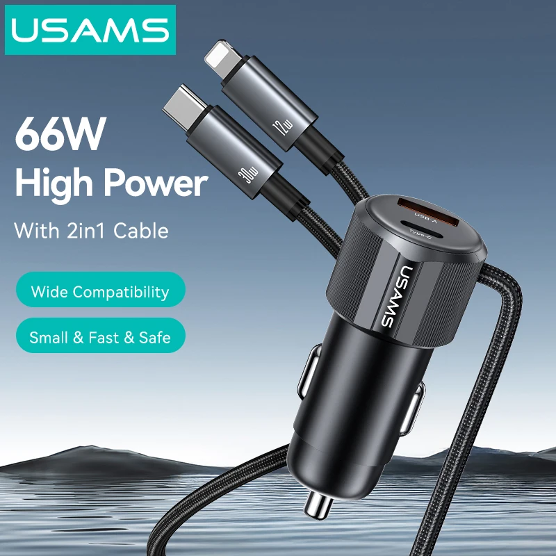 

USAMS 66W A+C Dual-port Fast Car Charger With C+L 2in1 1.2m Cable Support Multiple Protocols for iPhone 16 15 14 Samsung Xiaomi