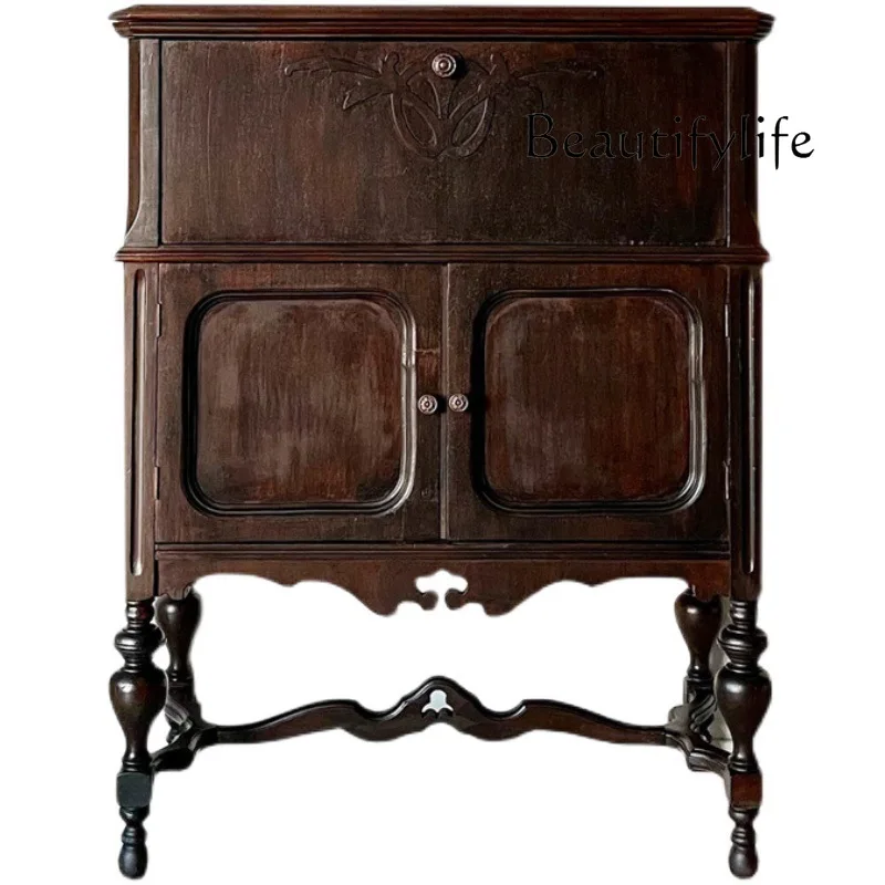 

French medieval style solid wood storage wall side cabinet retro old art storage multi-functional fashion