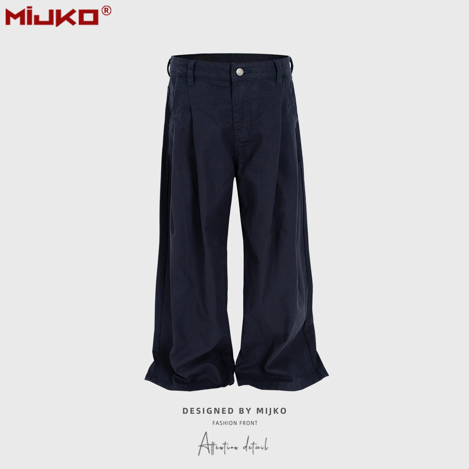 

MIJKO American Style Men's Pants Blue Solid Color Design Casual Menswear Wide Leg Simple Male Trousers All-match