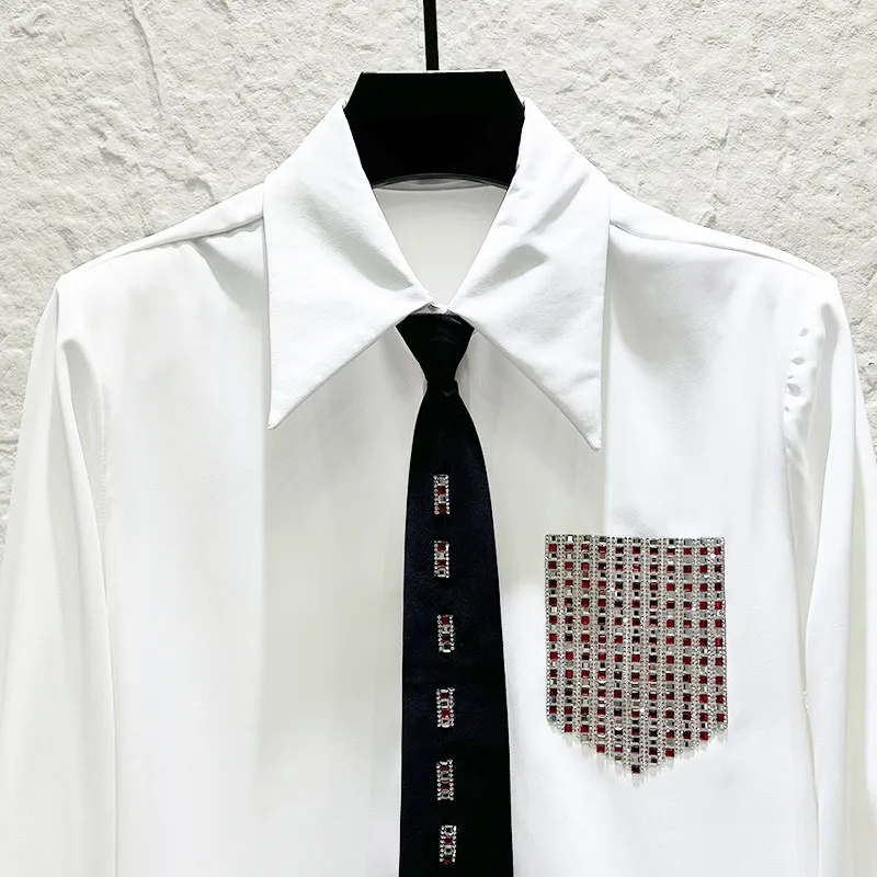 Personalized Rhinestone Tie Shirt Men's Fashion Casual Versatile Long Sleeved Shirt Nightclub Performance Social Party Shirts