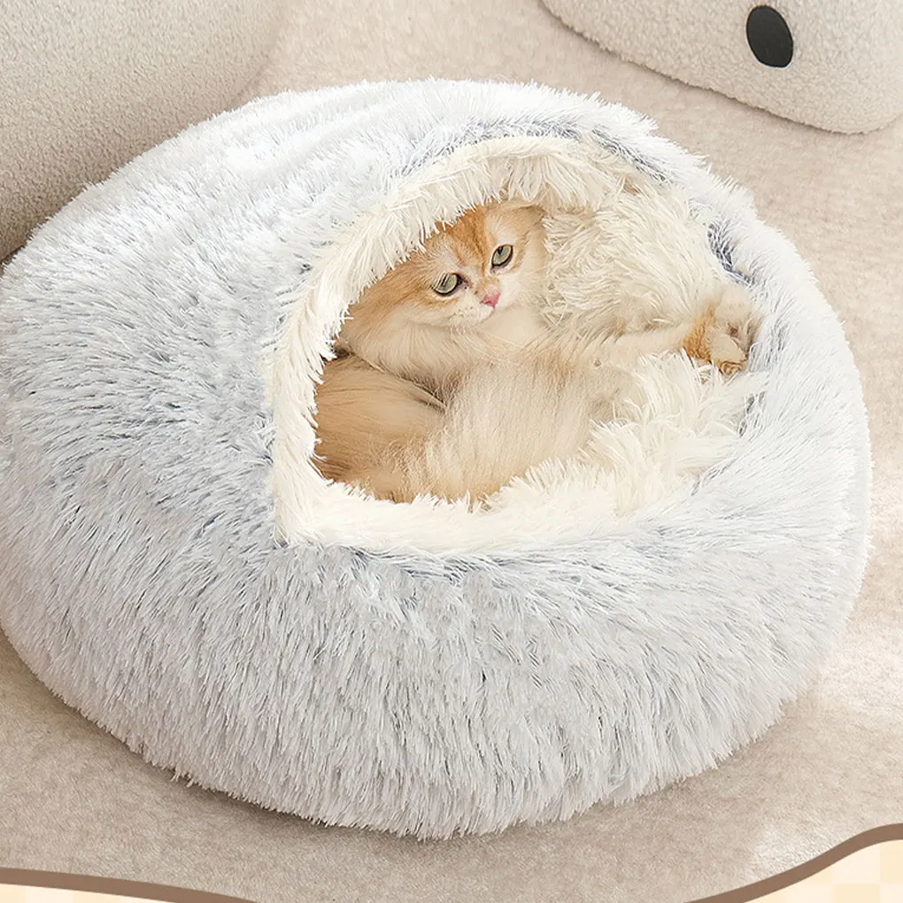 Letto invernale caldo per animali domestici Materasso per gatti Letto morbido in peluche con copertura Rotondo per cani Nido per dormire Grotta Strumento caldo invernale per cani di piccola taglia Gattino