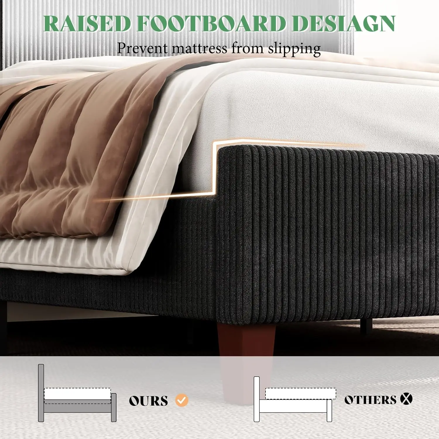 إطار سرير منجد مع سرير بمنصة أمامية طويلة 50.8 بوصة مع أرجل خشبية صلبة وشرائح خشبية سروال قصير/بدون صندوق زنبركي N