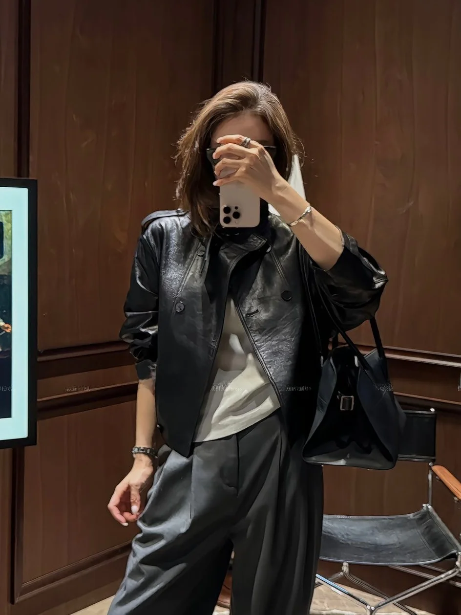 

2025 New Women's Genuine eepskin Leather Jaet ort Biker Sle Stand Collar Coat Long Sve Commute Faion