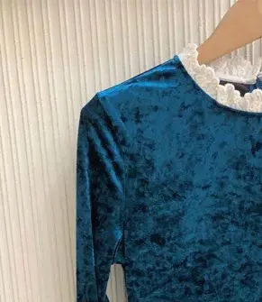 

Осень 2020, синее элегантное офисное платье, повседневное бархатное платье с кружевом, круглым вырезом и длинным рукавом, женская одежда