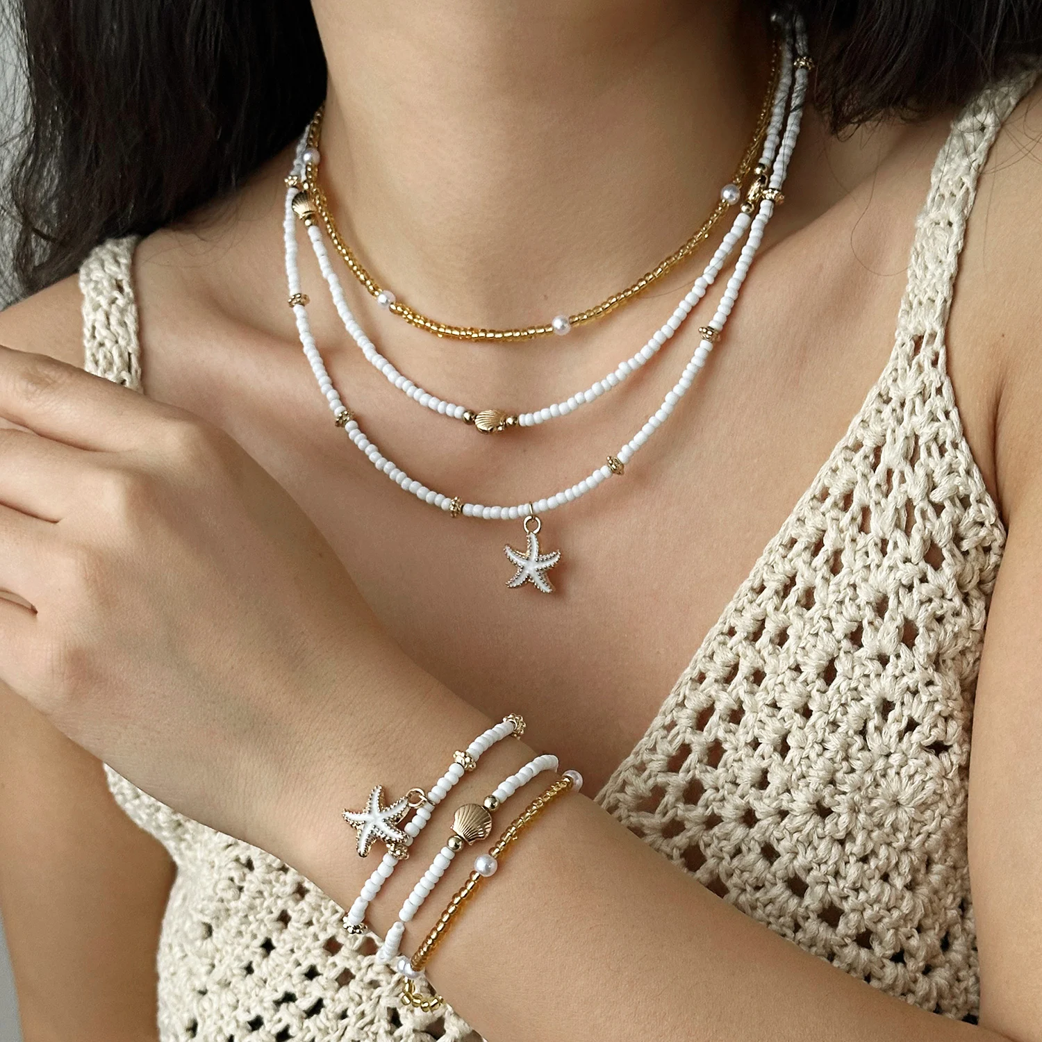 Ozean-inspiriertes Mehrschichtiges Perlenketten-Set für Frauen Seestern-Muschel-Perlen-Stil Boho Strand-Schmuck Sommer-Urlaub Accessoire – Detail 2