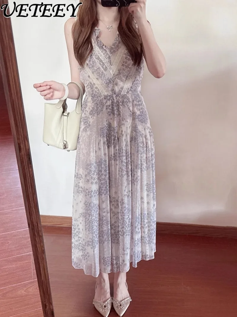 اليابانية 2025 صيف جديد الحلو الفتيات الدانتيل الربط فستان بفتحة عنق على شكل v أنيقة عالية الخصر منتصف طول فساتين مُزينة بطباعة للنساء