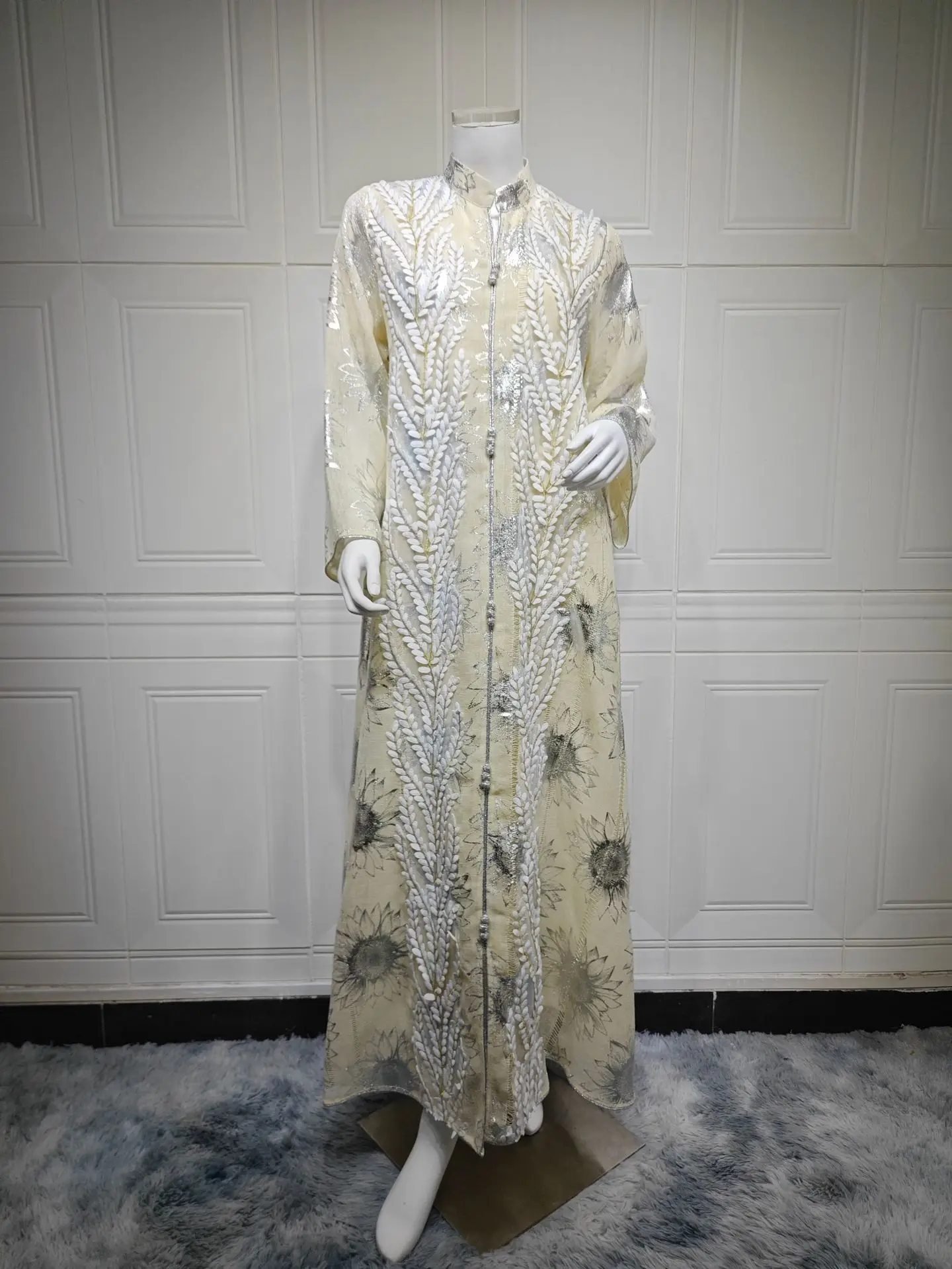 Uni Dubai besticktes elegantes Damen-Abendkleid, Netzärmel, Abaya, Marokko, modische Damenbekleidung