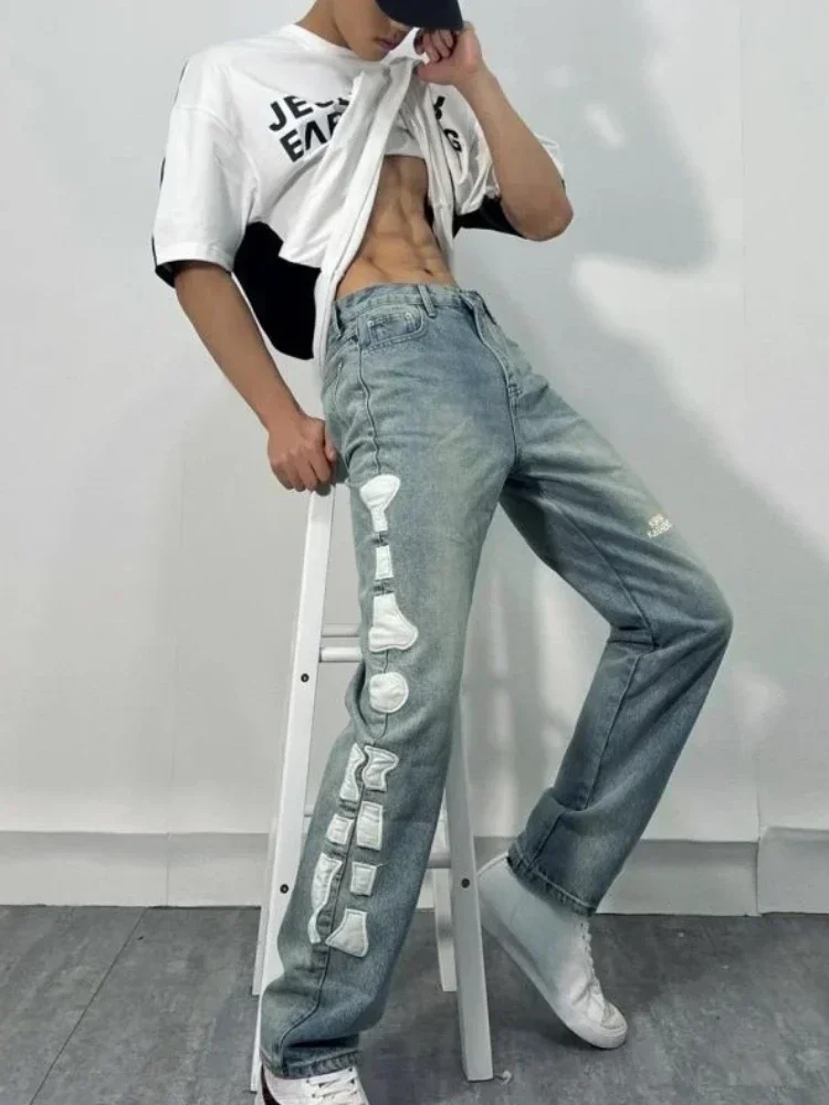 Trousers Patch Male Cowboy Pants Hip Hop Jeans for Men Light Blue Graphic Straight Korean Style Baggy Y2k Vintage Loose Denim