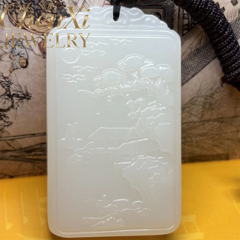 

High-End Natural Hetian White Jade Landscape Plate Pendant Luxury Quality Fashion Fine Jewelry Exquisite Elegant Popular Charms