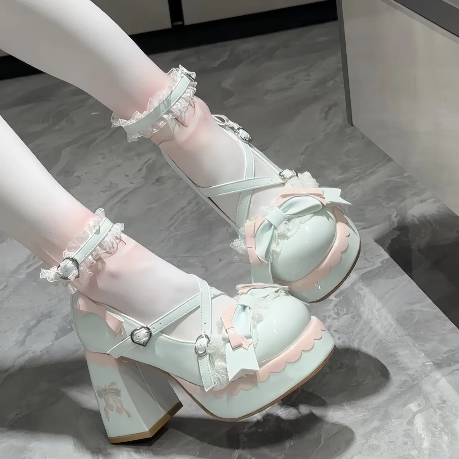 Kawaii Platform High Heels Pumps Women Bow Detail Round Toe Shoes Ladies Girls Female