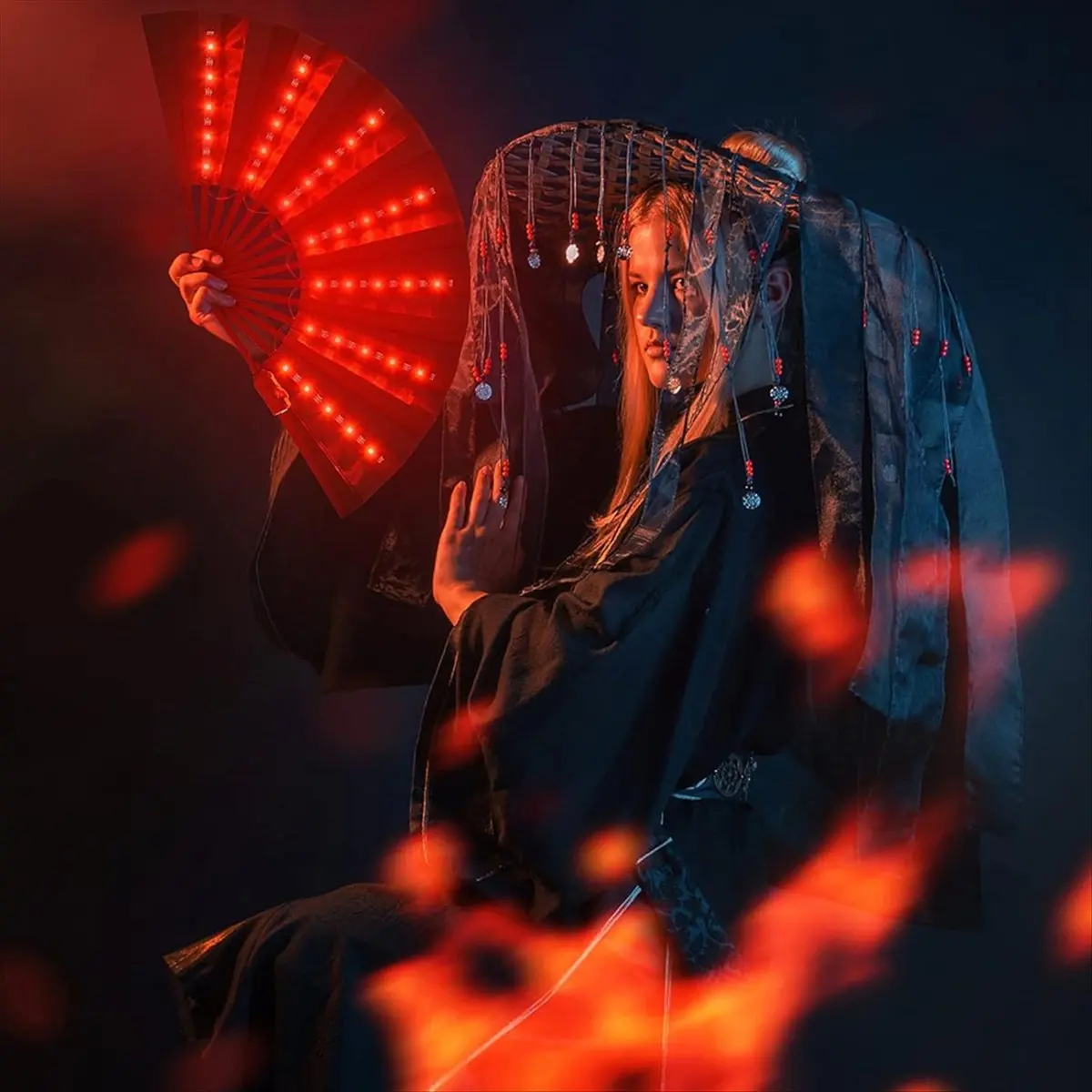 Led brilhante colorido chinês ventilador dobrável de mão com controle remoto desempenho de palco mostrar iluminar ventilador preto-TCES