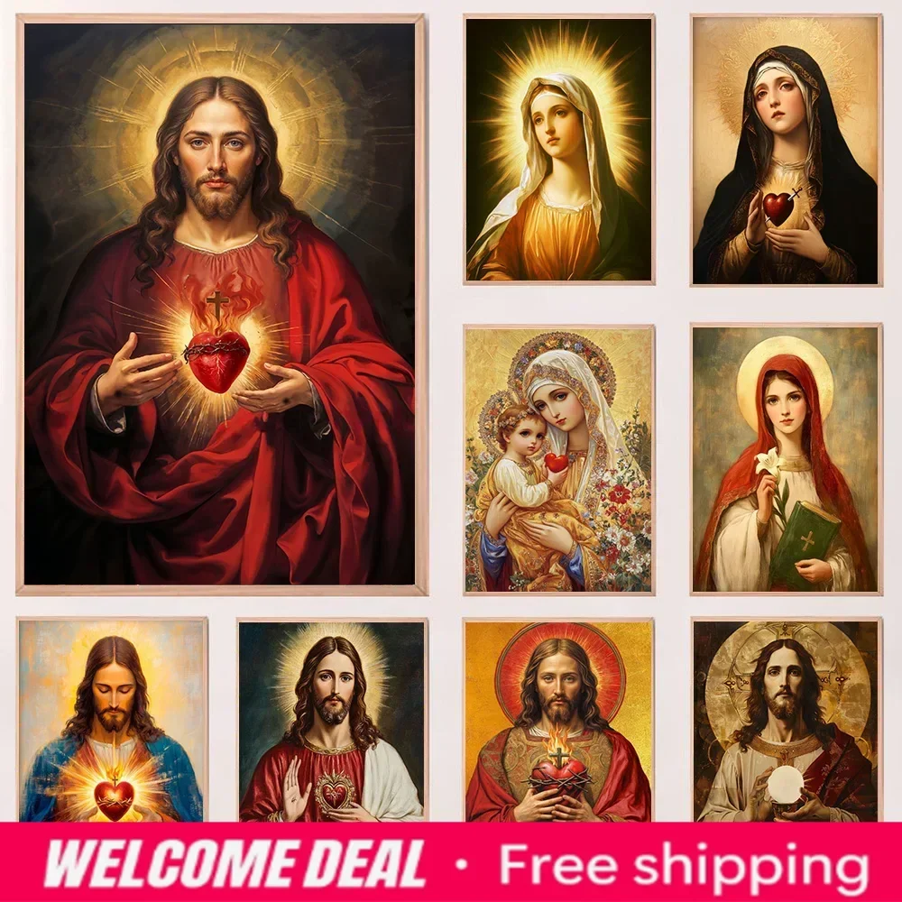 2026  Christian Sacred Heart Jesus Art Posters Prints Catholic Pure Virgin Mary Canvas Painting Religious Believers Bedroom H