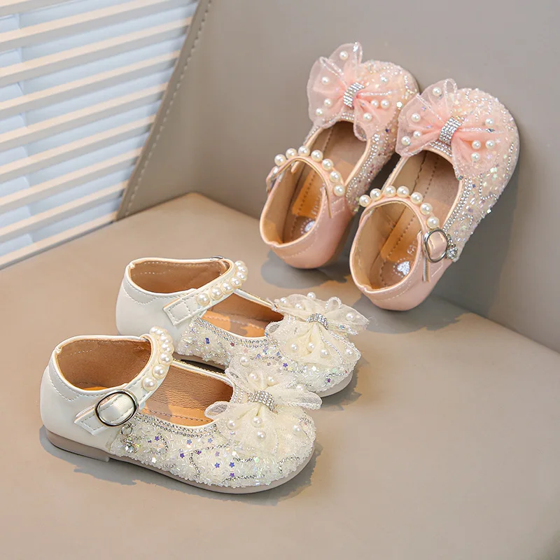 2026 New Korean Style Girls Leather Shoes Round Toe Soft Sole Bow Rhinestone Princess Flats for Little & Middle Kids