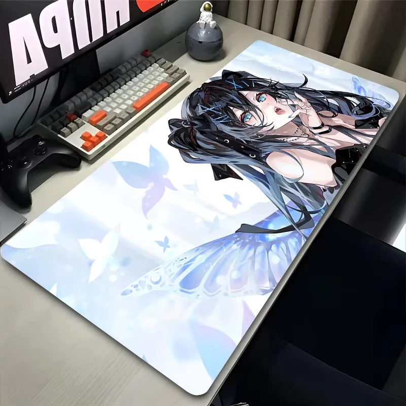 Large Angel Demon Anime Girl Gaming Desk Mat, HD Non‑Slip Rubber Base Mousepad for PC Laptop Kawaii Pink Keyboard Desktop Decor