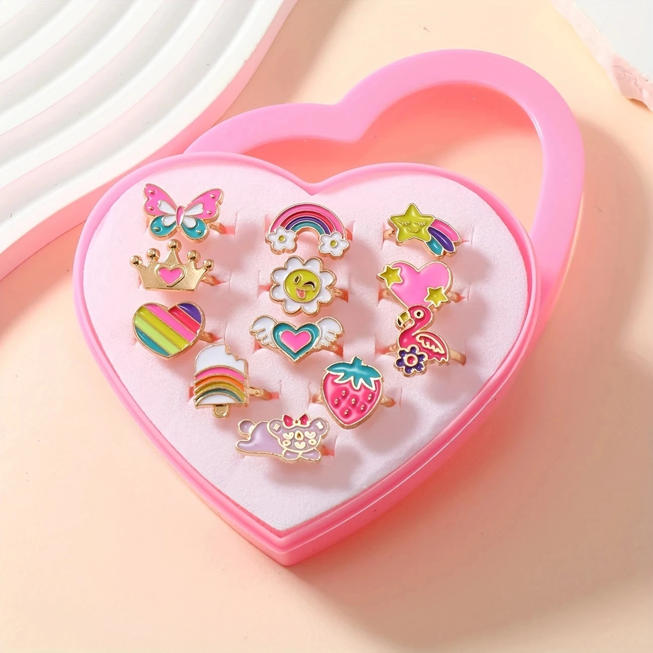 12Pcs Adjustable Open Rings with Colorful Enamel Designs of Butterflies, Rainbows, Crowns, Hearts, Strawberries, Flamingos, Stars, and Flowers. Ring Set with Pink Heart-Shaped Storage Box. Children's Decorative Dress-U