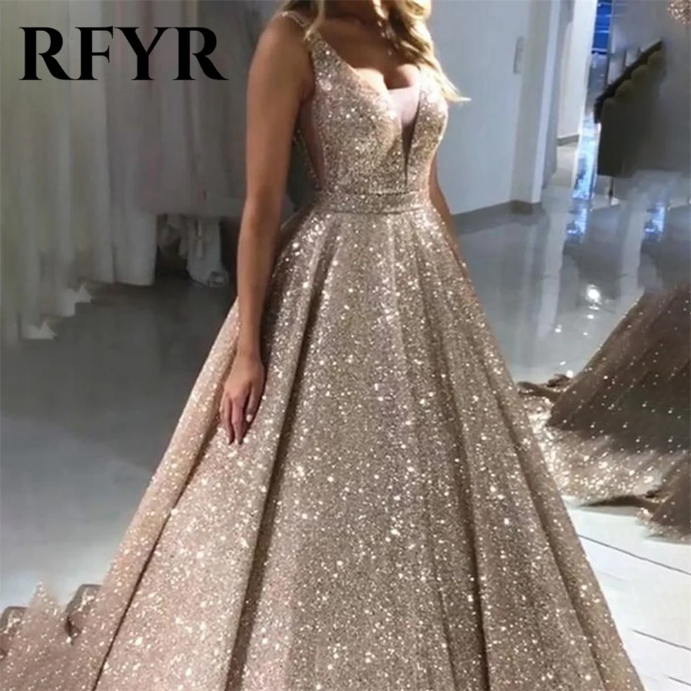 

RFYR Tank A Line V Neck Evening Dresses Sequin Prom Dress Gllitter Shining Party Dresses Plus Size vestidos de noche Customized