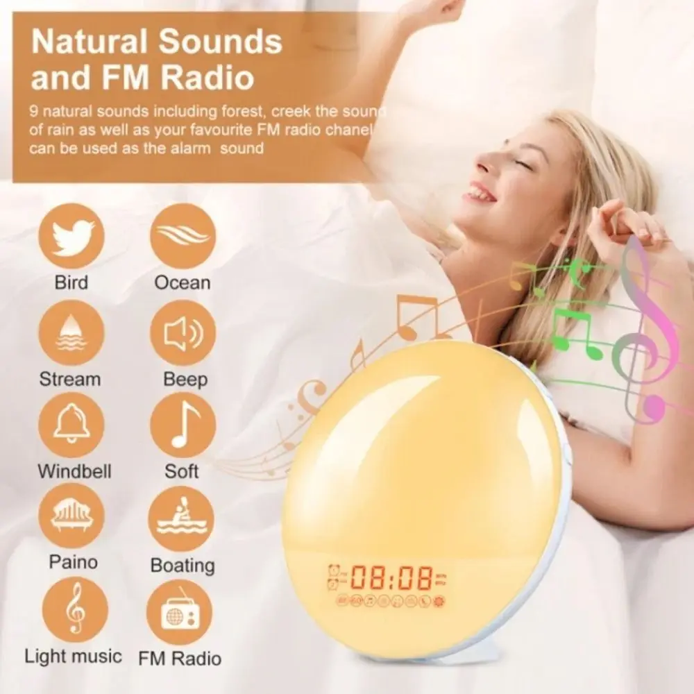 Sunrise Simulation Sunrise Alarm Clock 7 Colors 10 Natural Sounds Wake Up Light Clock Gift FM Radio Sleep Nightlight Kids
