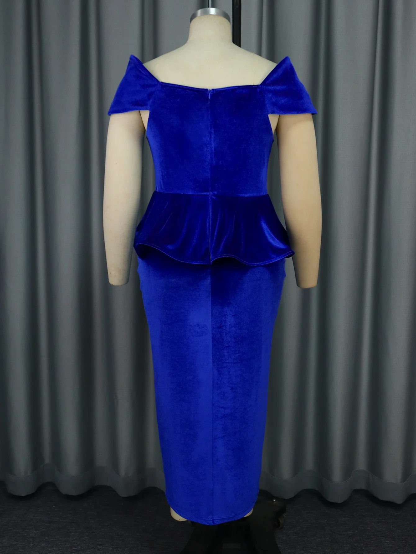 Abito da festa lungo in velluto blu Vintage da donna con spalle scoperte peplo stampato ombelico aderente formale festeggia abiti da sera per eventi