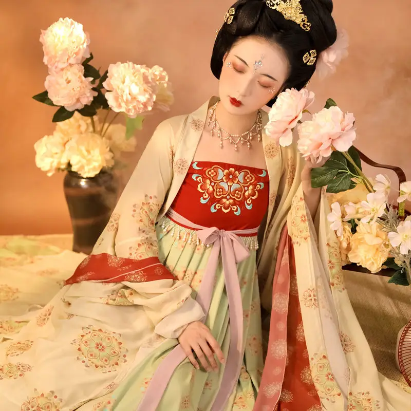 الأصلي Hanfu المرأة الصيف تانغ نمط المطرزة هيملوك تنورة قميص بأكمام كبيرة ثنيات الحرير البدلة