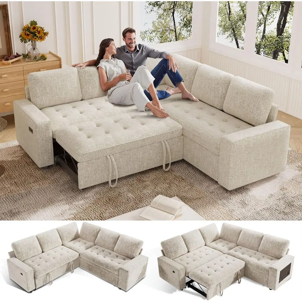 

85 Sectional Sofa with Pull-Out Bed, Chenille L-Shaped Sectional with USB Ports, Reclining Backrest, Storage Seats, and Tool-Fre