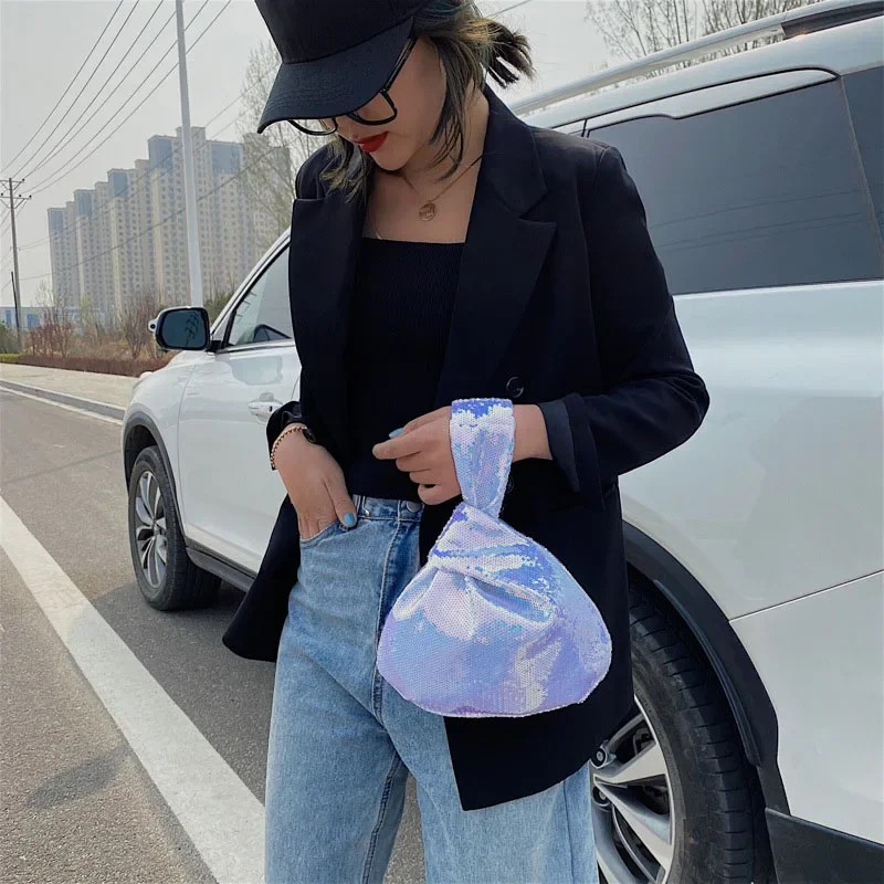 Ladies Trendy Fashion Reversible Sequin Evening Clutch Purse Women Girls Small Glitter Wrist Knot Bag Designer Bags Luxury 2023