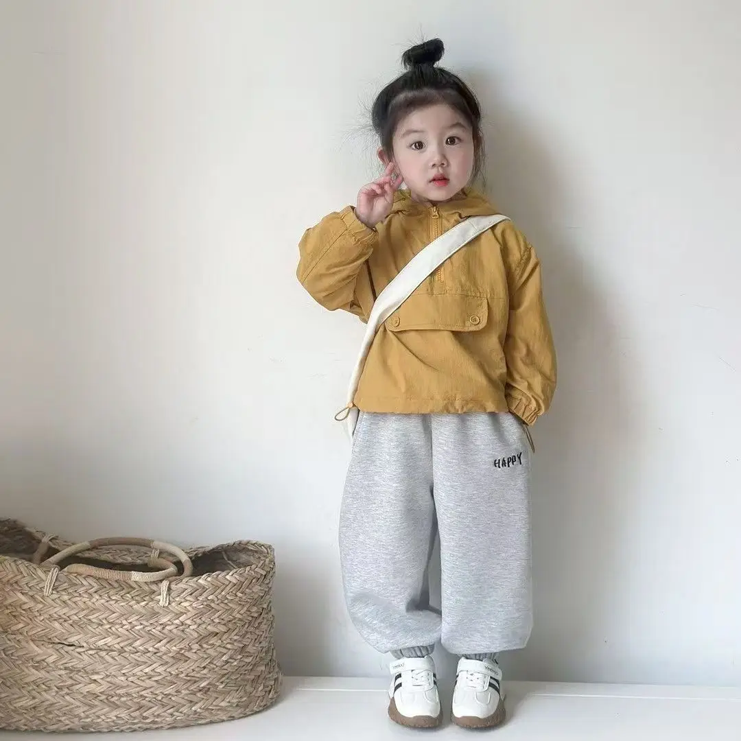 2026 New Girls Autumn Hooded Jacket Coat Kids Korean Style Tops Clothing Set