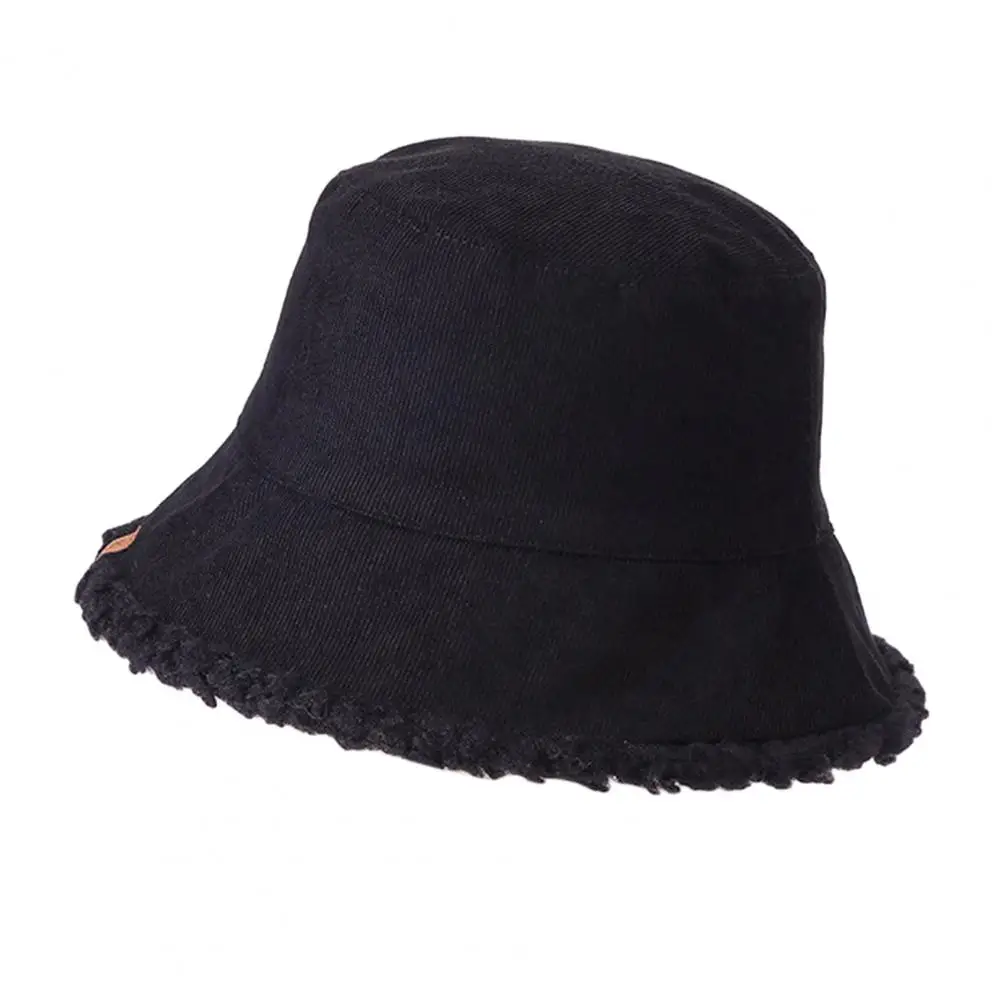 

Women Autumn Winter Reversible Fisherman Hat Solid Color Letter D Logo Corduroy Basin Hat Warm Imitation Lambswool Bucket Hat