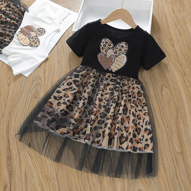 2026 Neues Vintage Mädchen Prinzessinnenkleid Kurzarm Tüll Leopardenmuster Herzmuster Partykleid Tutu-Kleid