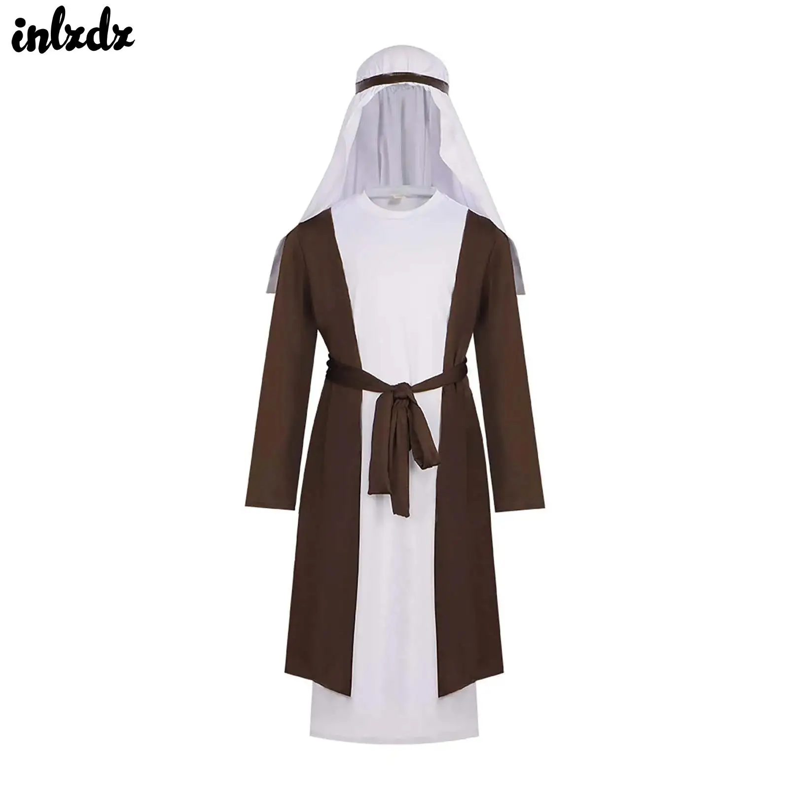 Kids Boys Satin Joseph Costume Shepherd Cosplay Costume Arabian Abaya Middle East UAE Maxi Robe with Sash and Headpiece