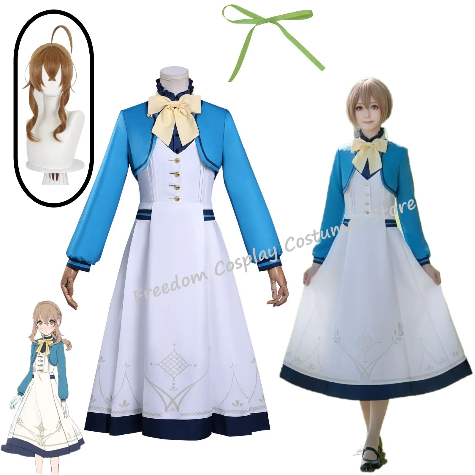 

Anime Secrets of the Silent Witch Monica Everett Cosplay Costume Blue White Dress Wig College Uniform Women Halloween Party suit