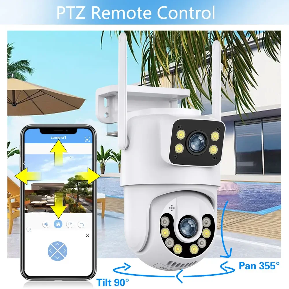 Telecamera di sicurezza IP PTZ WiFi per visione notturna a colori 4K Telecamera di sicurezza CCTV wireless con doppio obiettivo con tracciamento automatico per esterni