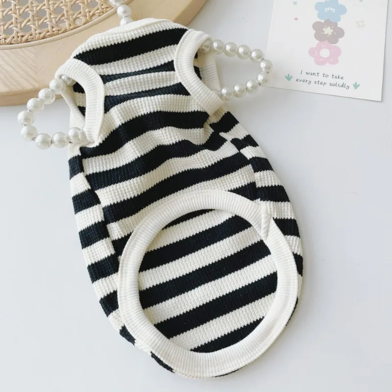 Summer Cotton waffle Pet Dog Clothes Black and White Striped Bottoming Shirt Pet Cat Puppy Vest  Puppy Clothing Dog Costume