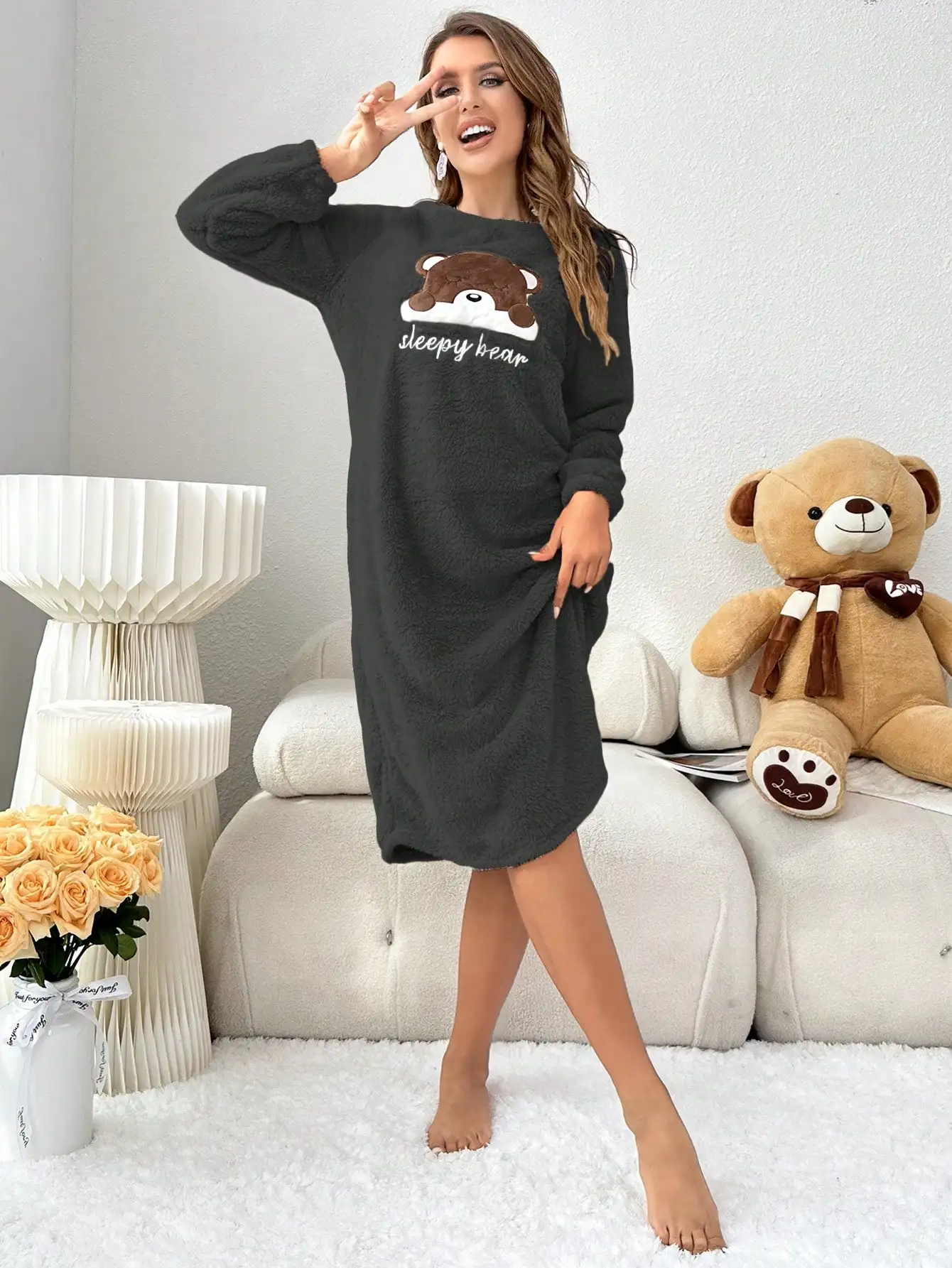 Women\'s new autumn and winter style long-sleeved sleeping dress SLEEPY BEAR casual thick home MIDI skirt