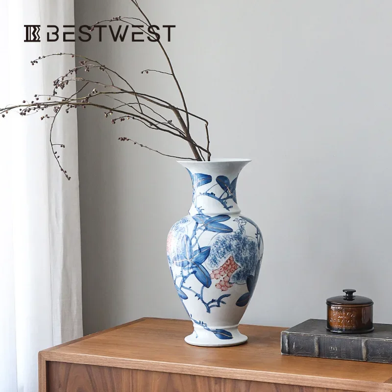 Ceramic vase retro Chinese blue and white porcelain ornament light luxury high sense living room large flower ware large diamete
